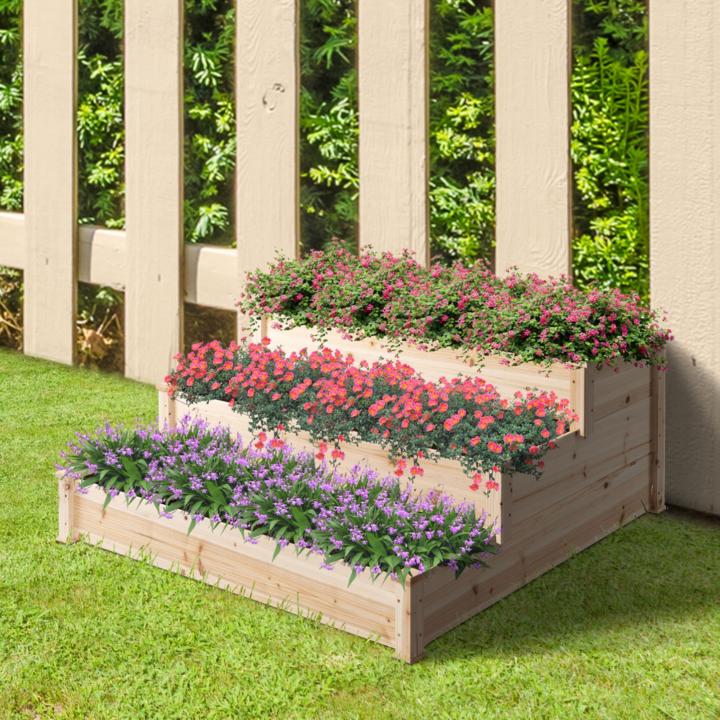 Outsunny 470L Wooden Raised Garden Bed 3-Tier Planter Kit Elevated Planter Box Stand for Yard & Patio 124 x 124 x 56 cm