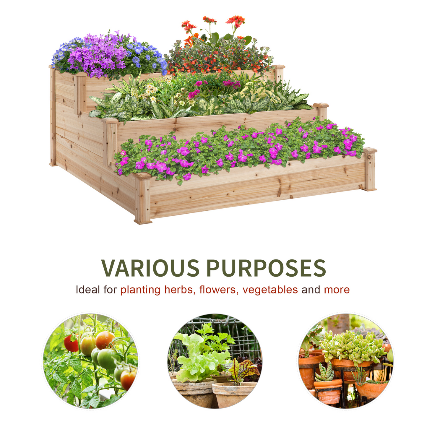 Outsunny 470L Wooden Raised Garden Bed 3-Tier Planter Kit Elevated Planter Box Stand for Yard & Patio 124 x 124 x 56 cm