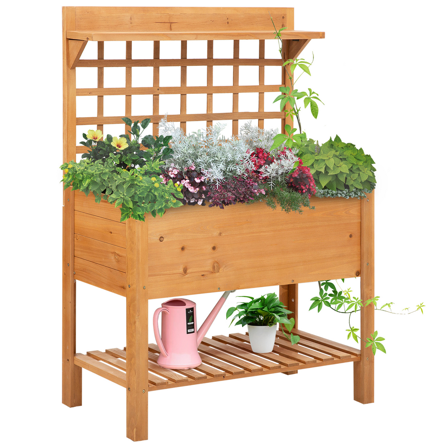 Outsunny 105x40x135cm Wooden Planter Raised Elevated Garden Bed Planter Flower Herb Boxes for Vegetables Flower with 2 Shelves Solid Wood Outdoor/Indoor