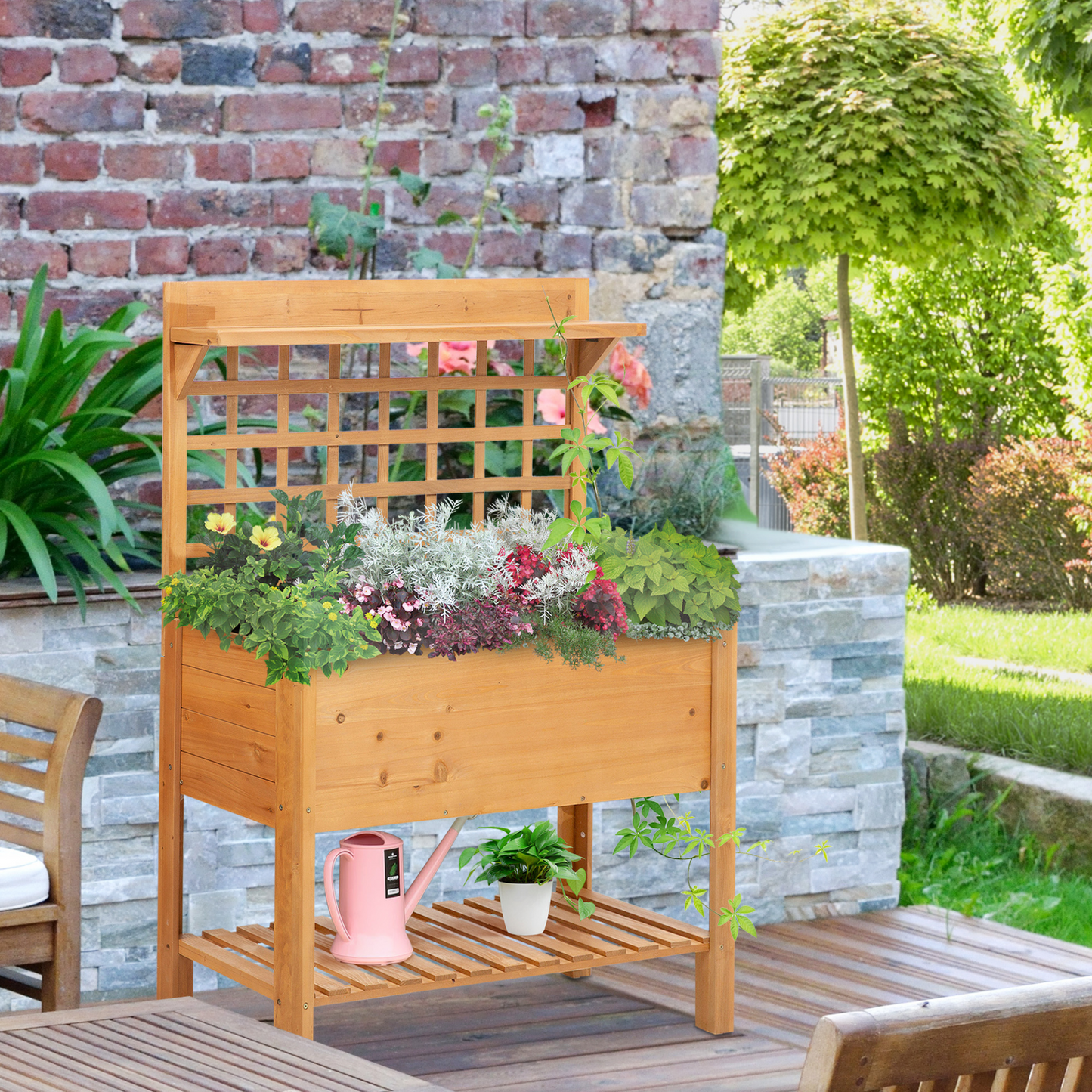 Outsunny 105x40x135cm Wooden Planter Raised Elevated Garden Bed Planter Flower Herb Boxes for Vegetables Flower with 2 Shelves Solid Wood Outdoor/Indoor