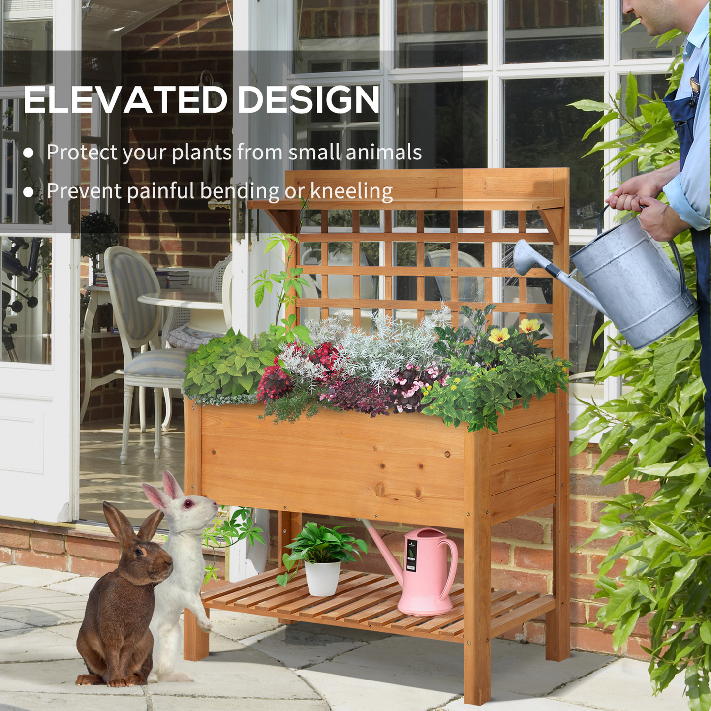 Outsunny 105x40x135cm Wooden Planter Raised Elevated Garden Bed Planter Flower Herb Boxes for Vegetables Flower with 2 Shelves Solid Wood Outdoor/Indoor