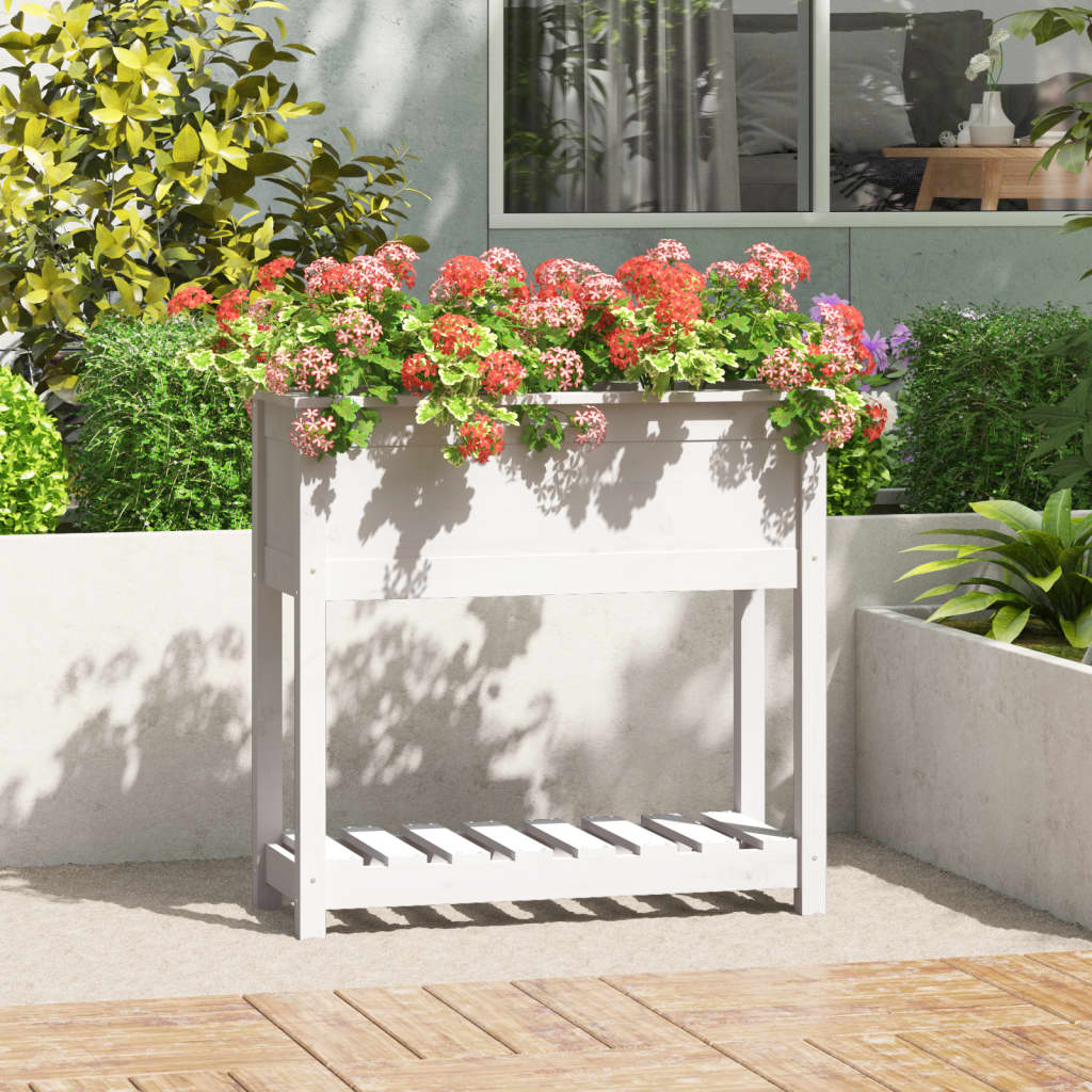 vidaXL 82.5x34.5x81cm White Solid Pine Wood Planter with Shelf
