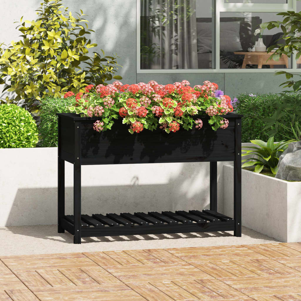 vidaXL 111.5x54x81cm Black Solid Pine Wood Planter with Shelf