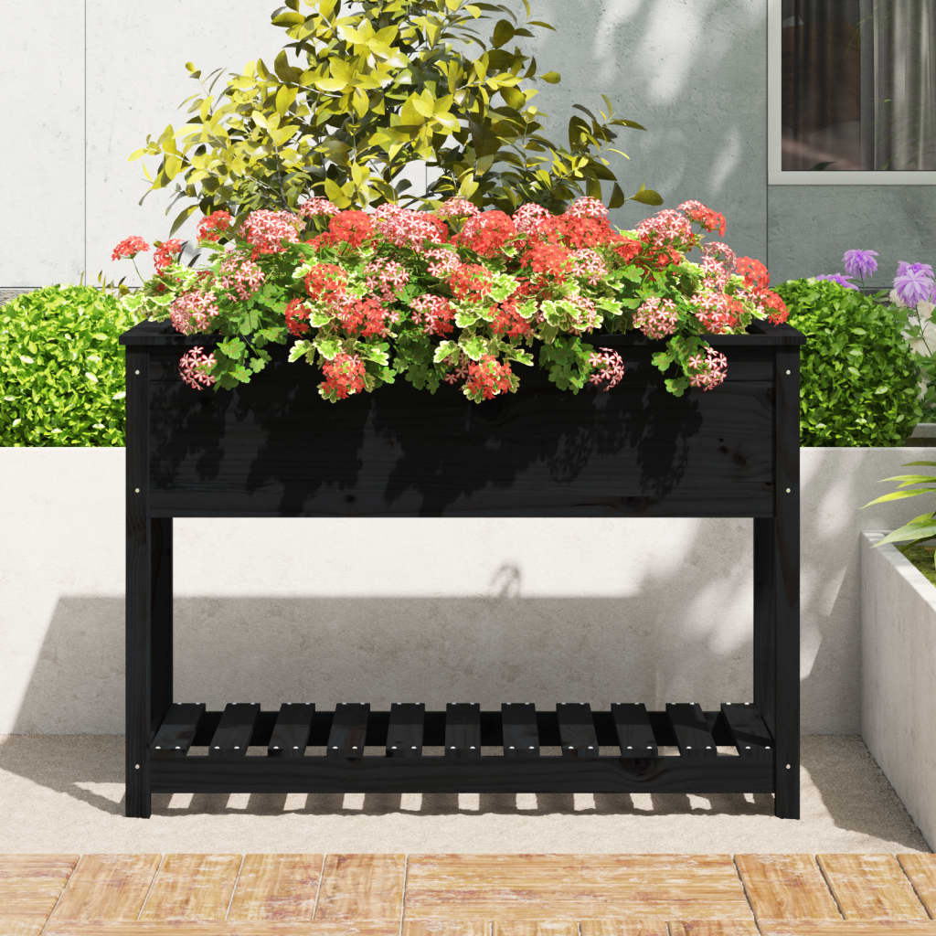 vidaXL 111.5x54x81cm Black Solid Pine Wood Planter with Shelf