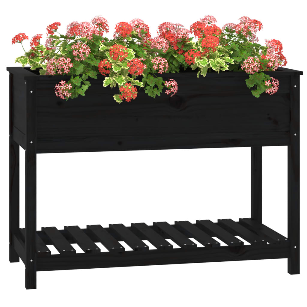 vidaXL 111.5x54x81cm Black Solid Pine Wood Planter with Shelf