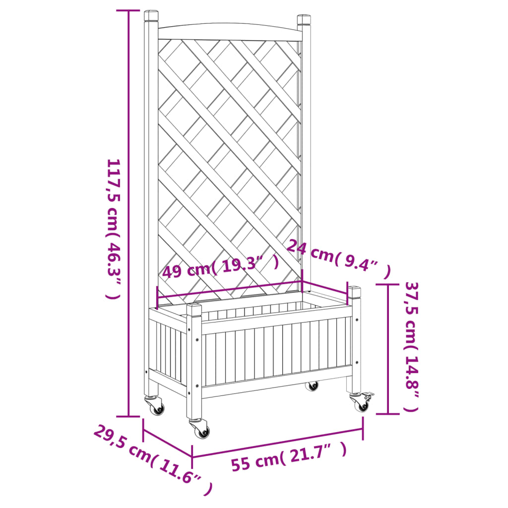 vidaXL Solid Fir Wood Planter w/ Trellis & Wheels in Brown