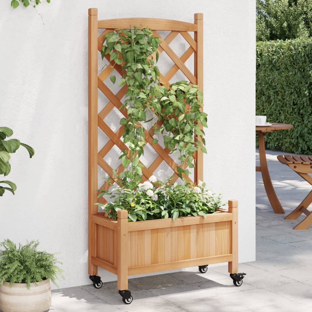 vidaXL Solid Fir Wood Planter w/ Trellis & Wheels in Brown