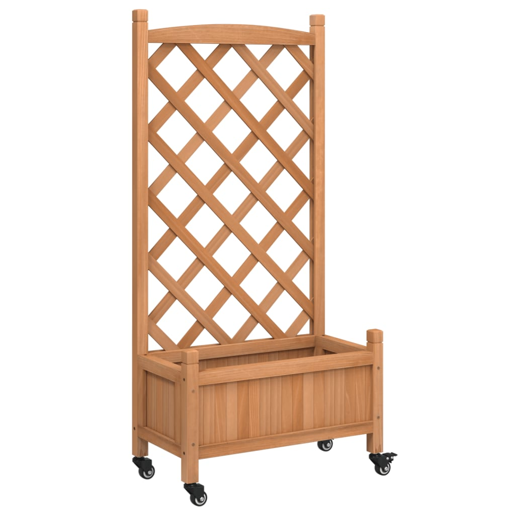 vidaXL Solid Fir Wood Planter w/ Trellis & Wheels in Brown