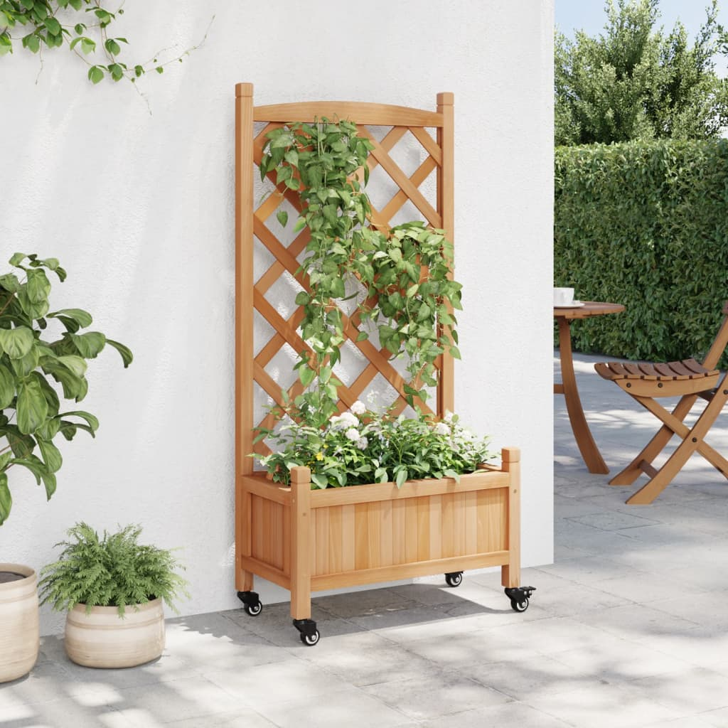 vidaXL Solid Fir Wood Planter w/ Trellis & Wheels in Brown