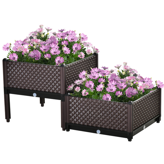 Outsunny Set of 2 50x50x46.5cm 41L Self-Watering Raised Planter Boxes w/ Drainage Holes