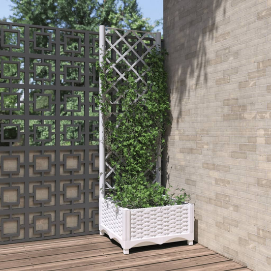 vidaXL White Polypropylene Garden Planter w/ Trellis - 40x40x121.5cm, Sturdy & Elegant