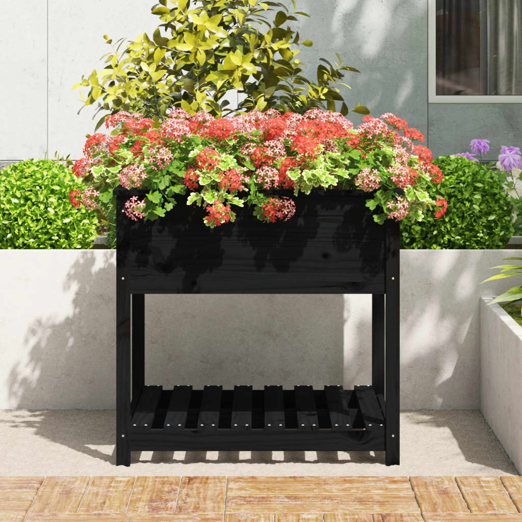 vidaXL 82.5x82.5x81cm Black Solid Pine Wood Planter with Shelf