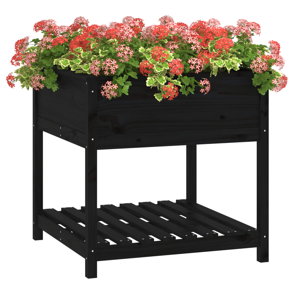 vidaXL 82.5x82.5x81cm Black Solid Pine Wood Planter with Shelf