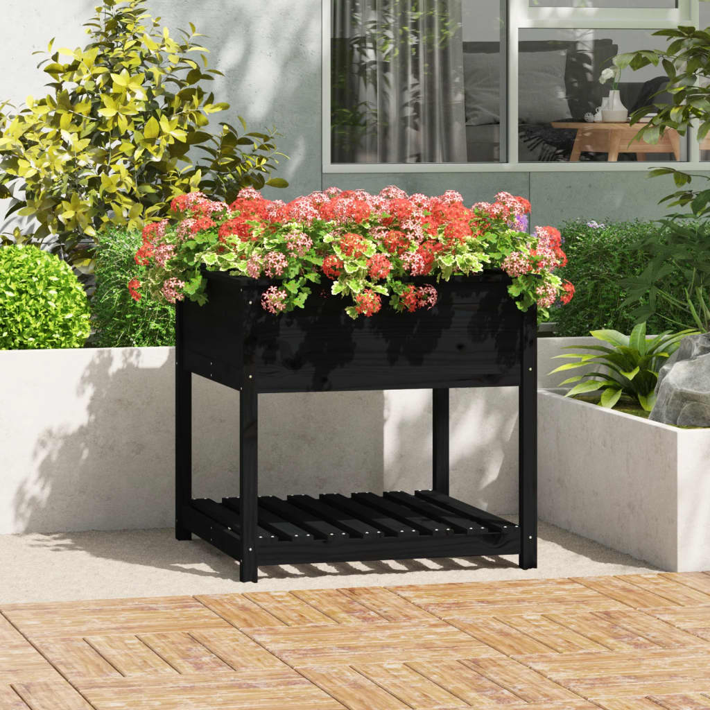 vidaXL 82.5x82.5x81cm Black Solid Pine Wood Planter with Shelf