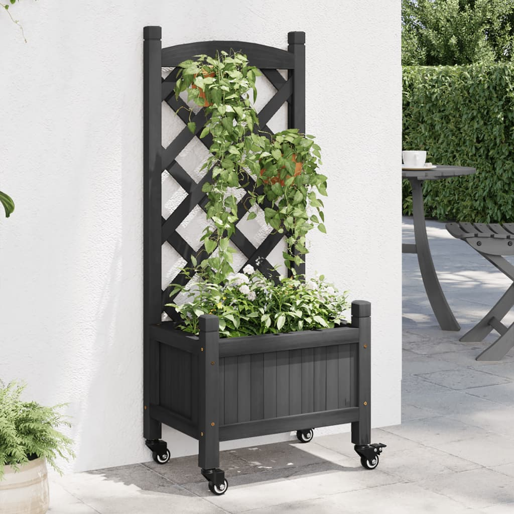 vidaXL Planter with Trellis and Wheels Black Solid Wood Fir