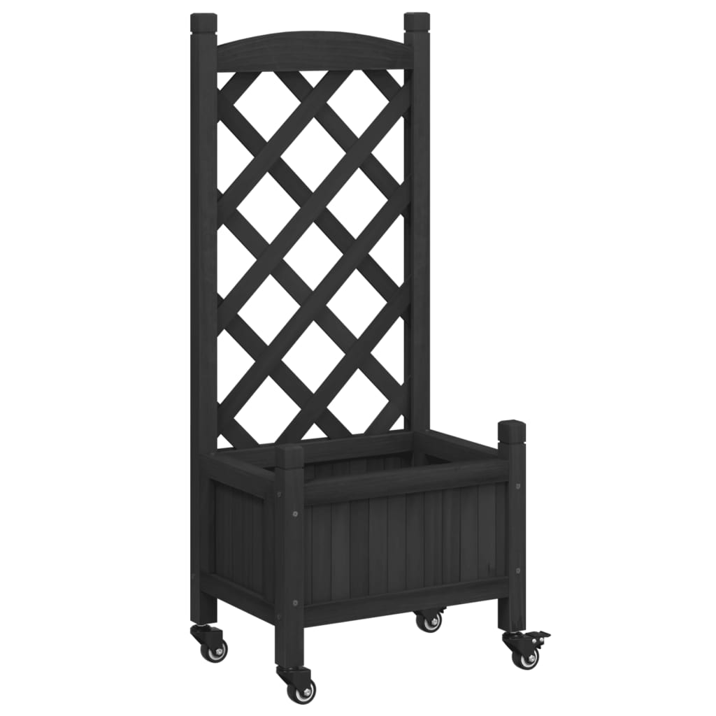 vidaXL Planter with Trellis and Wheels Black Solid Wood Fir