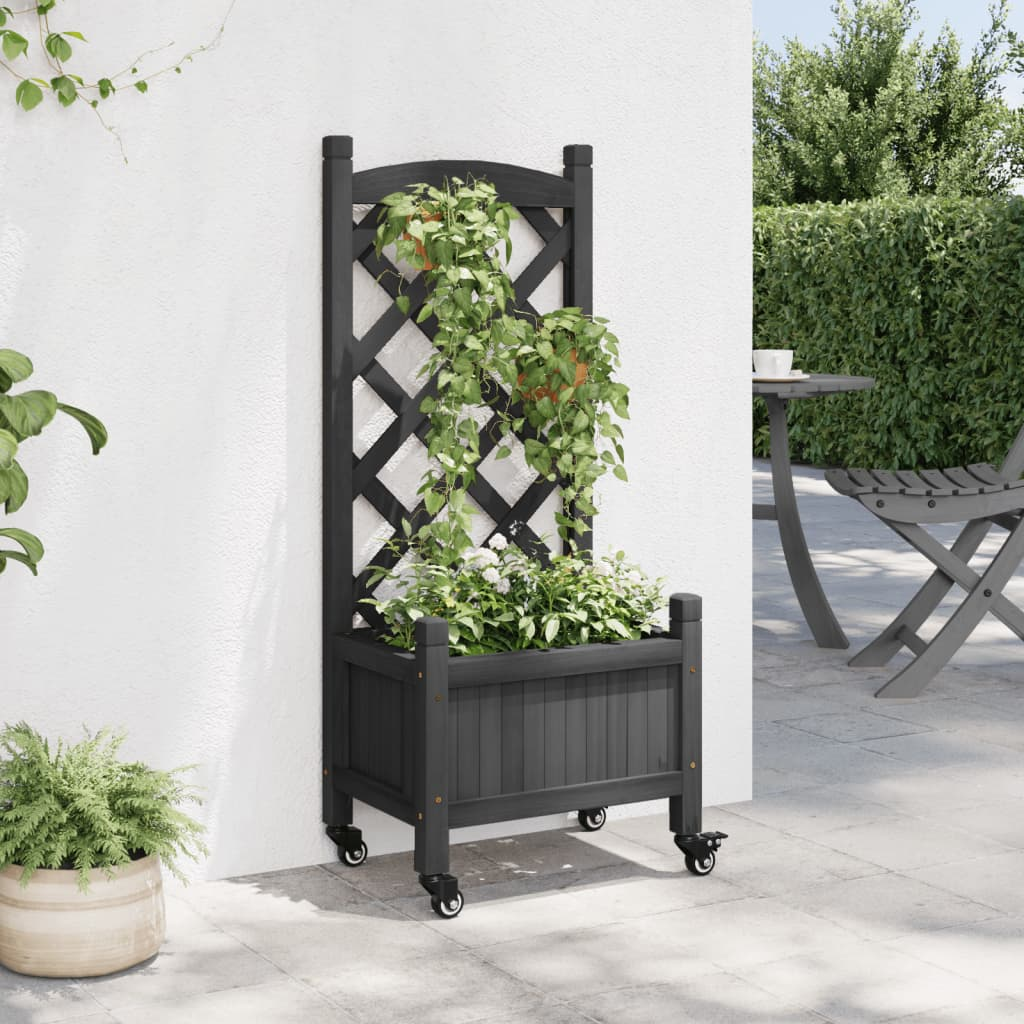 vidaXL Planter with Trellis and Wheels Black Solid Wood Fir